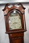 A 19th Century Oak and mahogany long cased clock having 8 day movement and painted pictorial dial