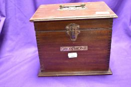 A vintage mahogany Gecophone branded case, converted to stationery box