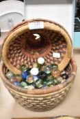 A variety of antique glass marbles.