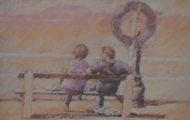 After Brian Halton (20th Century, British), pastel, 'Morecambe Bay', a couple sitting on a promenade
