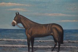 Charles Jackson (20th Century, British), amateur oil on board, 'Red Rum', the racehorse in front