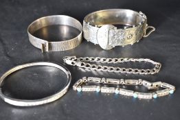 A selection of silver bracelets and bangles of various designs, approx 75g