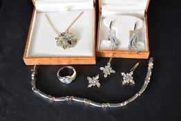 A small selection of silver jewellery including faux opal set bracelet, multi stone gold plated