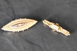 Two vintage 9ct gold brooches, both having diamond chip and moulded decoration, approx 6.4g