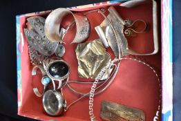 A selection of silver and white metal jewellery including large Artisan style beetle necklace,