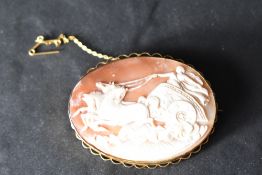 A large conch shell cameo brooch depicting a Centurion with chariot, in a yellow metal mount stamped