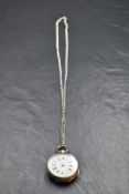 A small continental silver key wound pocket watch having Roman numeral dial to decorative white face