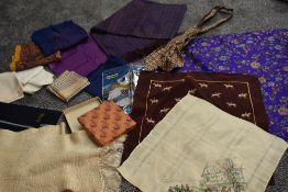 A selection of gents vintage scarves, a cravat and ladies headscarves and handkerchiefs, including
