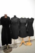 Three 1960s dresses and a vintage black velour beaded dress with belt in a larger size.