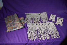 Two circa 1880 Macramé window pelmets, two epaulettes and a piece of Victorian printed linen.