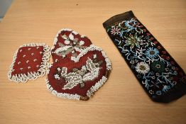 Three Victorian beaded items, to include; watch holder, Bracelet and pin and needle cleaner.