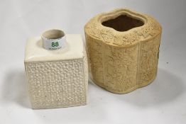 Two salt glazed and relief moulded tea canisters, one of quatrefoil shape with a repeating foliate