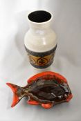 A mid century West German vase, having 118/25 impressed to base and a similarly styled fish dish, no