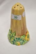 A Clarice Cliff Bizarre 'My Garden' design sugar sifter, measuring 15cm tall