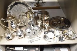 A group of mixed silver plated wares, to include rose bowl, teaset, claret jug, vases, tray etc