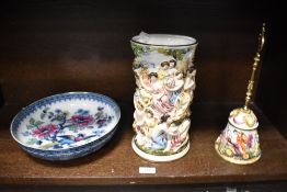 A Capodimonte bell and vase with moulded decoration and a Losol ware 'Shanghai' bowl with blossom