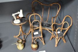 A group of Victorian bamboo doll's house furniture, to comprise a sofa and two armchairs, a tripod