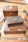 Five early 20th century wooden boxes, including inlaid and carved examples