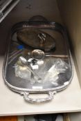 A selection of flat ware, to include tray, pin dish with squirrel, strainer and monogrammed caddy