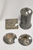 A tray of Arts & Crafts plus other pewter ware, to include an enamelled cigarette case and a pair of
