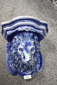 A Rhenish pottery salt glazed lion head wall bracket.