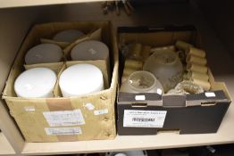 Six vintage opaque lamp shades in box and two etched glass shades with scalloped edge.