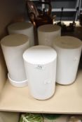 A group of five vintage cylindrical milk/opaque glass light shades, three retaining the original '