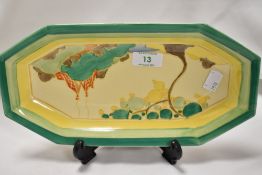 A Clarice Cliff 'Secrets' patterned elongated dish, measuring 30cm long