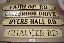 A group of four enamelled metal post office sorting signs 'Chaucer Rd', 'Dyers Hall Rd' 'Colebrook
