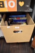 A carton of stamp related books including Stuart Rossiter & John Flowers 'The Stamp Atlas' etc