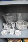 A mixed lot of vintage pressed and cut glass, included are vases and rose bowl etc.