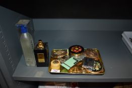 A selection of vintage compacts, perfume and similar, including mint green powder compact and one