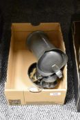 Three early 20th century fishing reels, A compass and a heavy lidded pewter jug.