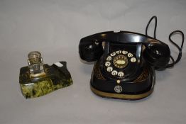 An Art Deco desk stand with integral glass inkwell together with a vintage TTR bakelite telephone
