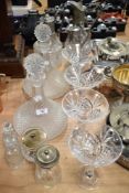 A mixed lot of pressed glass, to include decanters, condiment jars and cocktail glasses.