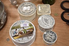 Four antique paste pots and a Pratt ware pot with lid depicting fishing in a punt and, cold cream