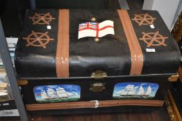 A vintage metal chest, having painted scenes, of nautical interest.
