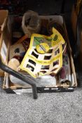 A box of vintage car parts and spares, including over rider, mirror and lights etc.