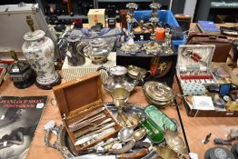 A collection of plated ware and similar, including tray, jugs, teapots cutlery and sugar nips etc.