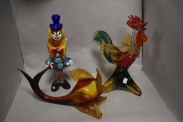 Three Art Glass Murano ornaments, to comprise a clown, cockerel, and a fish, the largest measuring