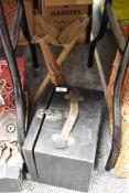 A WW2 wooden Air Ministry box case with leather carry handle, also included is a foldable tripod