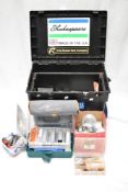 A Shakespeare Tackle seat box containing A Vast selection of Rigs, Hooks , Weights and line and