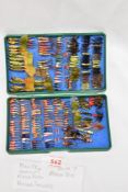 A pocket box containing approx 200 fishing flies. Fish fry, Shrimp, Midge pupa and Various spiders