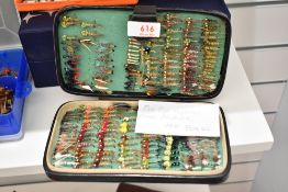A leather box wallet containing approx 160 Fox fur Nymphs and Mixed Doubles Hand tied