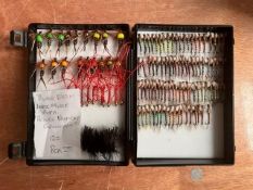 A small box of approx 120 Hand tied Bloodworm, Large Midge pupas Prince nymphs and Cormorants