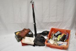 A crate of assorted fishing tackle including a telescopic rod called Instant fisherman by Flying