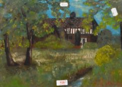 20th Century British School, oil impasto on board, Tudor style country house with garden and