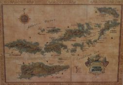 After J.Longacre (20th Century), poster print, an artistic map of Virgin Islands, framed, mounted,