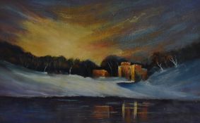 After Les Darlow (20th Century British), pastel, Brougham Castle, a winter landscape at night with