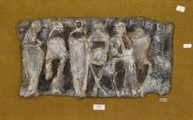 20th Century, fibreglass on board, 'Dancers Resting', a modernist style relief panel, indistinct